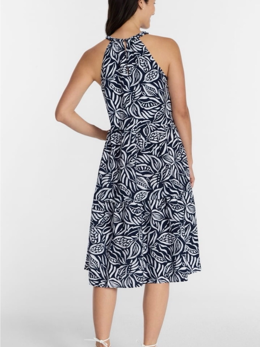 Time and Tru Navy and White Leaf-Print Halter Midi Dress - Picture 2 of 7